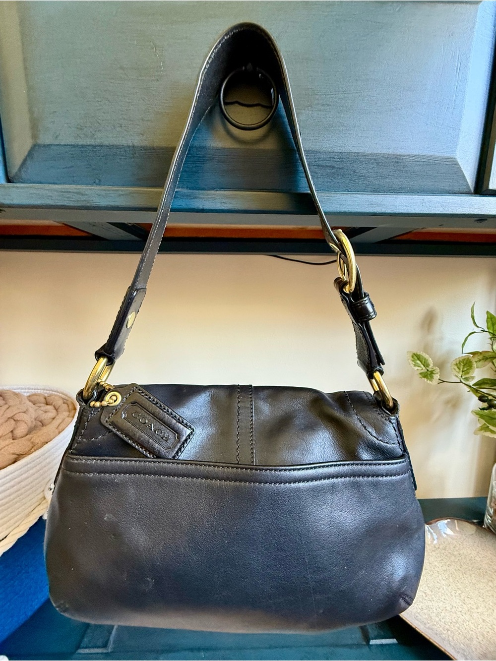 Black Leather Coach Shoulder Bag with Gold Buckle Accent - Picture 2 of 9